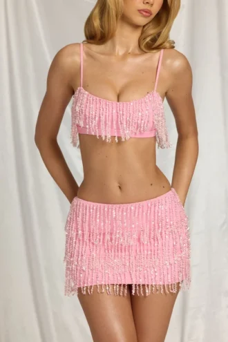 Nessa mini-rok met franjes en lage taille in suikerspinroze