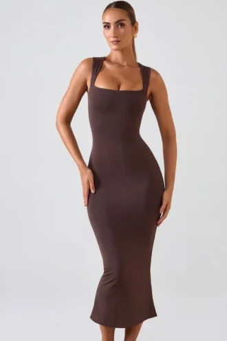 Ainslee midi-jurk met vierkante hals in chocoladebruin