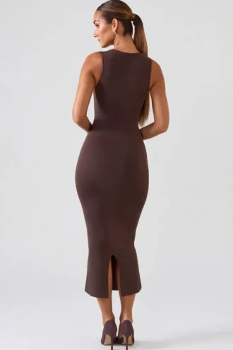 Ainslee midi-jurk met vierkante hals in chocoladebruin