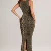 Ainslee Modal Midi-jurk met vierkante hals en bodycon-pasvorm in luipaardprint