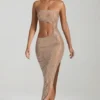 Alamea versierde bandeau-maxijurk met uitsnijdingen in honingkleur