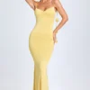 Aldona Slinky Jersey jurk met bloemenapplicatie in pastelgeel