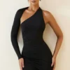 Alina asymmetrische minijurk met ruches en open rug in zwart