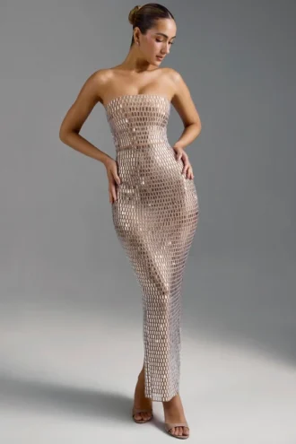 Amaya versierde bandeau maxi-jurk in amandel