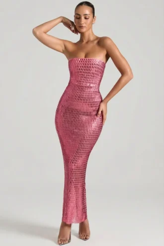 Amaya versierde strapless bandeau maxijurk in watermeloen