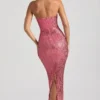 Amaya versierde strapless bandeau maxijurk in watermeloen