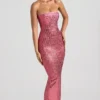 Amaya versierde strapless bandeau maxijurk in watermeloen