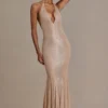 Ameline Premium versierde jurk met diepe halslijn en open rug in beige goud