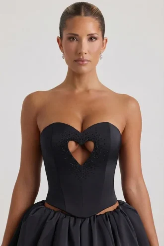 Amora versierde hartvormige uitgesneden strapless korset-top in zwart