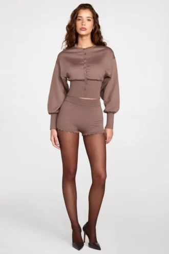 Antonia gebreide minishort met middelhoge taille in mokka