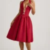 Angelina halternek midi-jurk met strikdetail in True Red