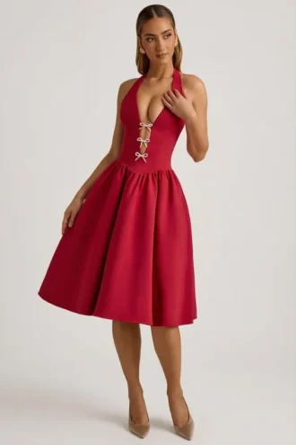 Angelina halternek midi-jurk met strikdetail in True Red