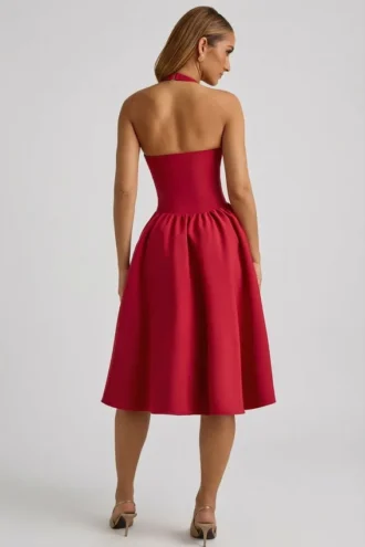 Angelina halternek midi-jurk met strikdetail in True Red