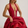 Angelina halternek midi-jurk met strikdetail in True Red