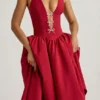 Angelina halternek midi-jurk met strikdetail in True Red