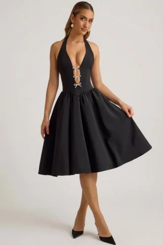 Angelina halternek midi-jurk met strikdetail in zwart