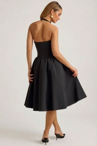 Angelina halternek midi-jurk met strikdetail in zwart