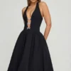 Angelina halternek midi-jurk met strikdetail in zwart