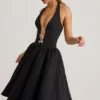 Angelina halternek midi-jurk met strikdetail in zwart