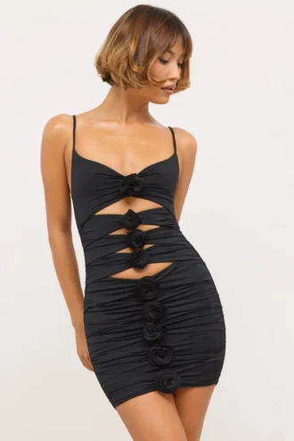 Aniela Slinky Jersey Rose Detail Cut Out Minijurk in Black