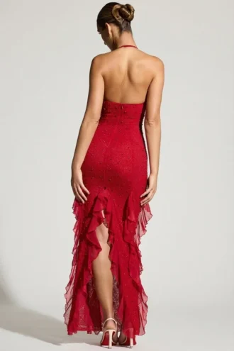 Anley versierde halternek maxi-jurk met ruches in rood