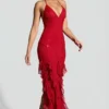 Anley versierde halternek maxi-jurk met ruches in rood