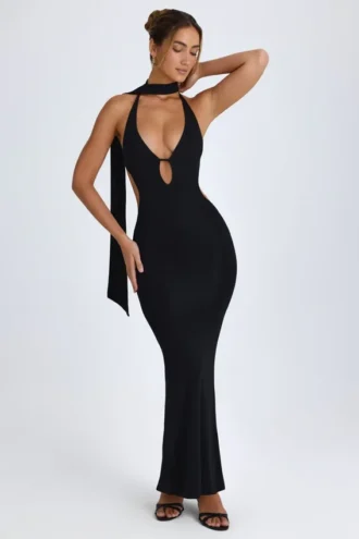 Anneka maxi-jurk met halternek en sjaaldetails in zwart