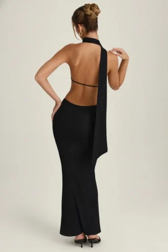 Anneka maxi-jurk met halternek en sjaaldetails in zwart