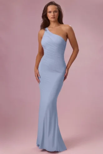 Annelise jersey bruidsmeisjesjurk in poederblauw