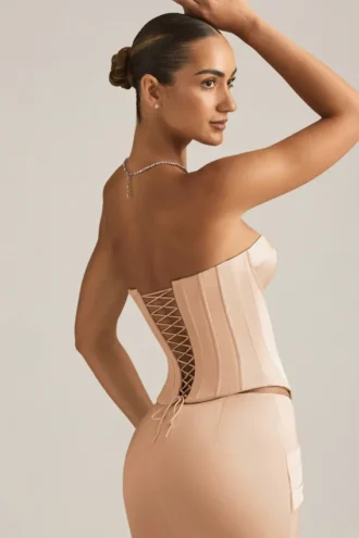 Araminta korset-top met vetersluiting in beige goud