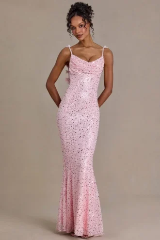 Ariette Premium versierde maxi-jurk met open rug in babyroze