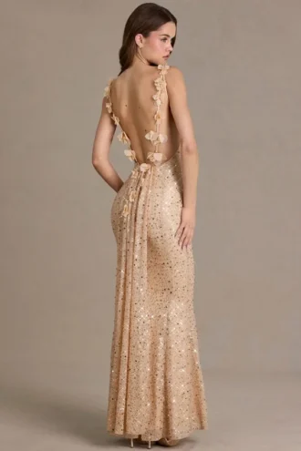 Ariette Premium versierde maxi-jurk met open rug in goud
