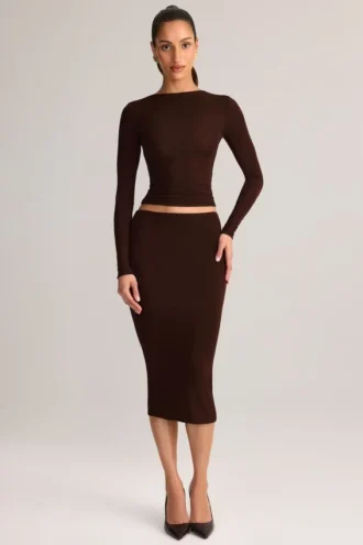 Aven Modal midi-rok met middelhoge taille in chocoladebruin