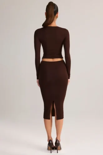 Aven Modal midi-rok met middelhoge taille in chocoladebruin