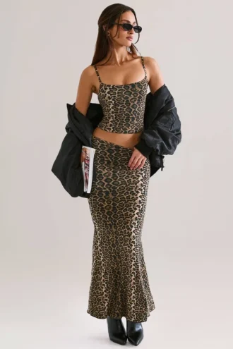 Avenley Modal Maxirok met halve taille en vissenstaart in luipaardprint