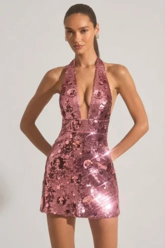 Avenza minijurk met pailletten en halternek in roze