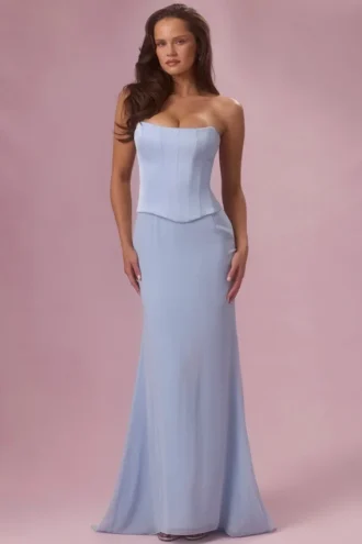 Avielle satijnen korset bruidsmeisjesjurk in poederblauw