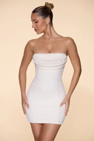 Basel versierde strapless mini-jurk met cowl-hals in ivoor