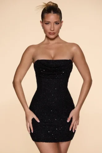 Basel versierde strapless mini-jurk met cowl-hals in zwart