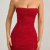 Basel versierde strapless minijurk met cowl-hals in True Red