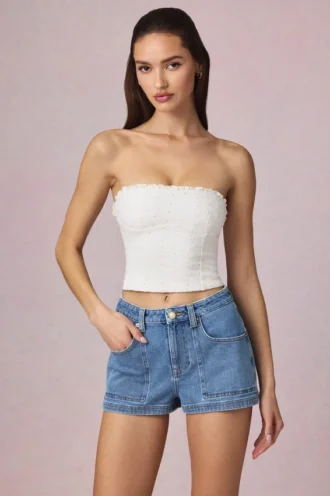 Beata A-lijn short met hoge taille in mid-blue wash