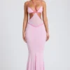 Bella Contrast Binding Cut Out Avondjurk in Zachtroze