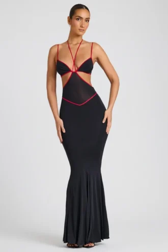 Bella Contrast Binding Cut Out Avondjurk in Zwart