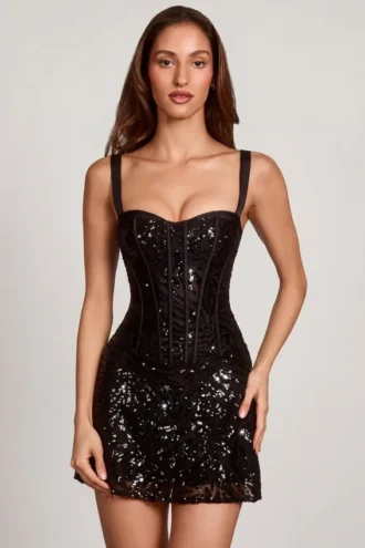Benedetta versierde Peekaboo-corset A-lijn mini-jurk in zwart zebra