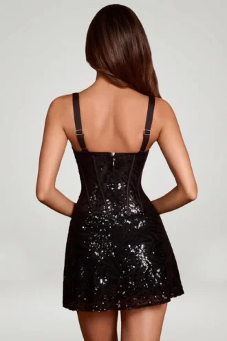 Benedetta versierde Peekaboo-corset A-lijn mini-jurk in zwart zebra