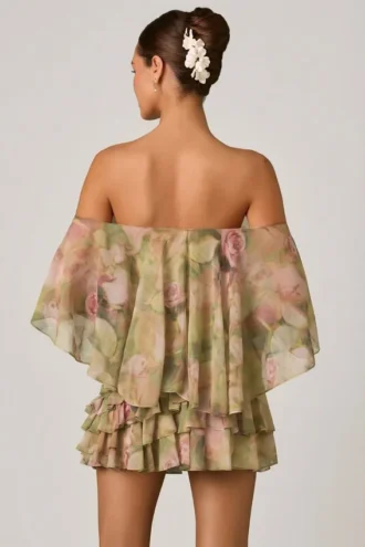Birdie minijurk met ruches en blote schouders in bloemenprint