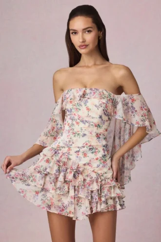 Birdie off-shoulder minijurk met ruches in primrose bloemenprint
