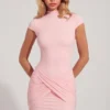 Blair jersey minijurk met col en gerimpelde rug in roze
