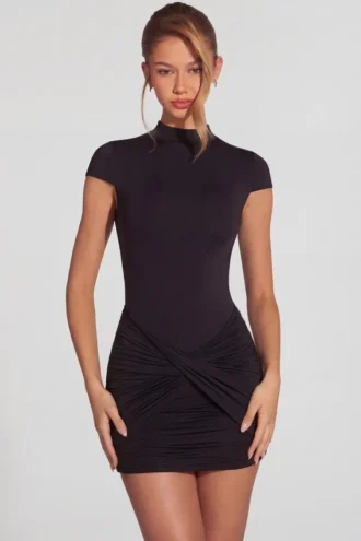 Blair Jersey minijurk met col en gerimpelde rug in zwart