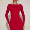Briallen minijurk van zachte jersey met boothals en drapering in True Red